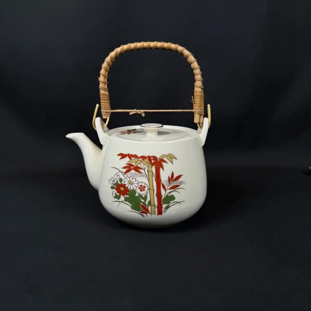 Edsin Bamboo Flowers White Ceramic Teapot with Wicker Handle Made in Japan
